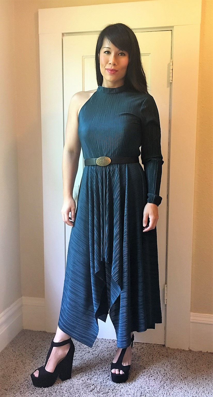 Kat Depner holiday style green one shoulder dress