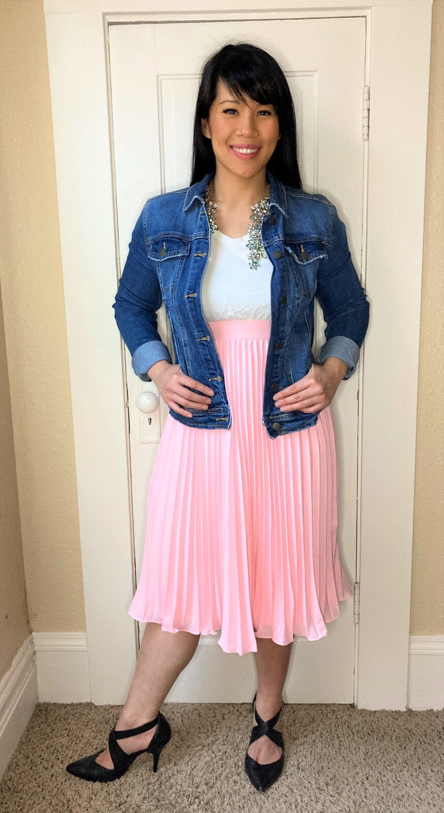 Kat Depner holiday style pink skirt jean jacket