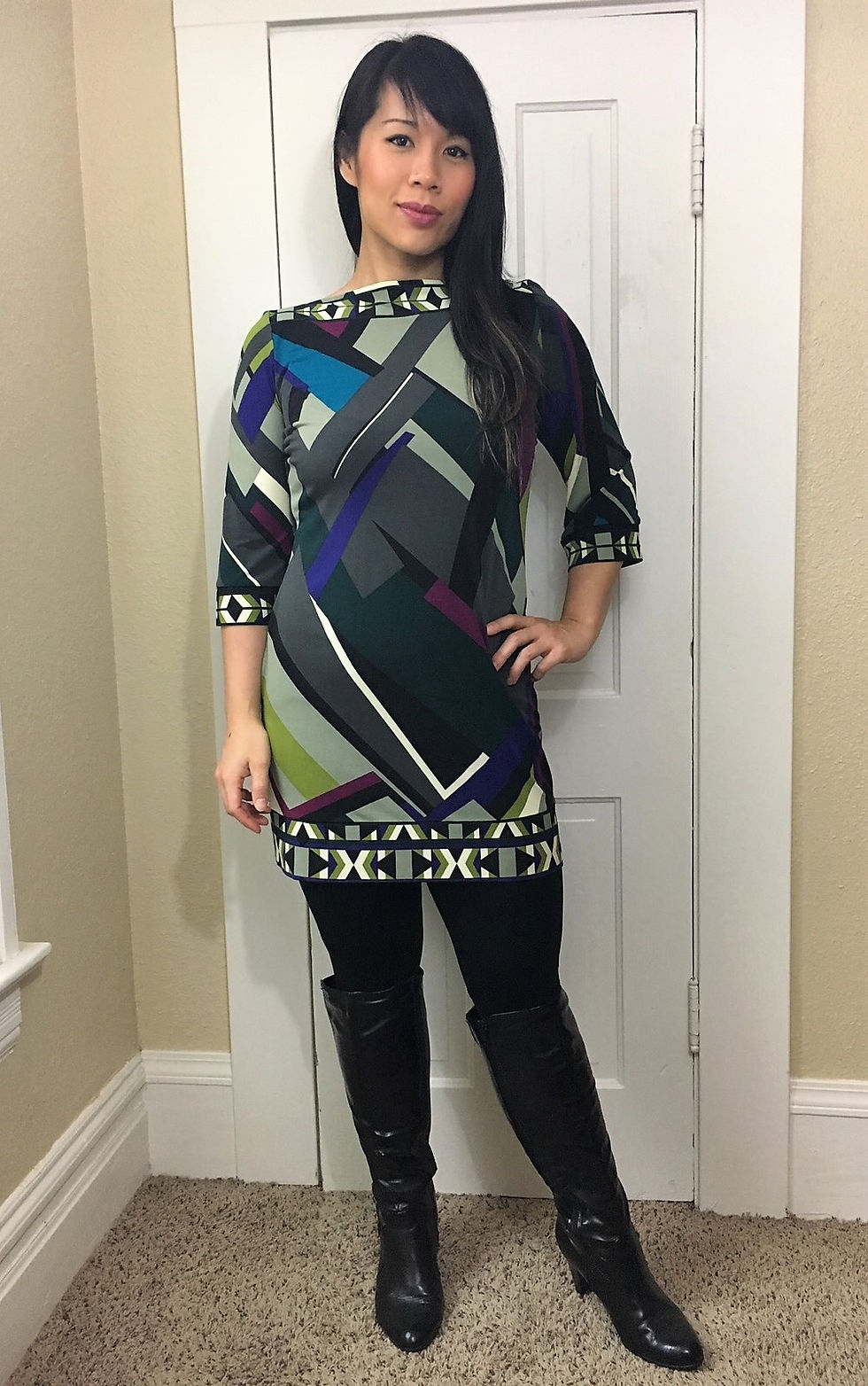 Kat wearing shift dress with yoga pants