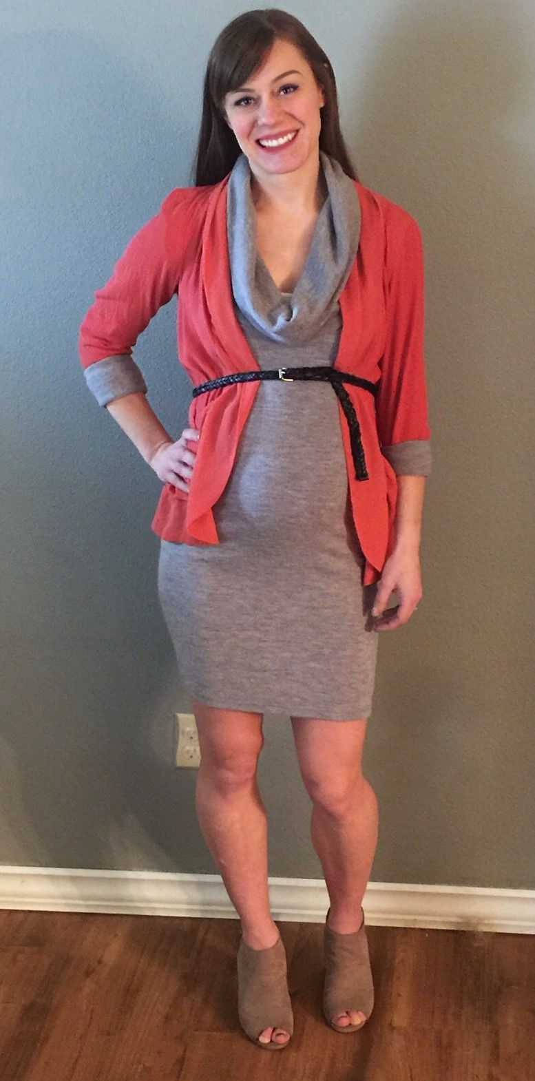 Michelle Rose styled with a cowl neck dress and a kimono top