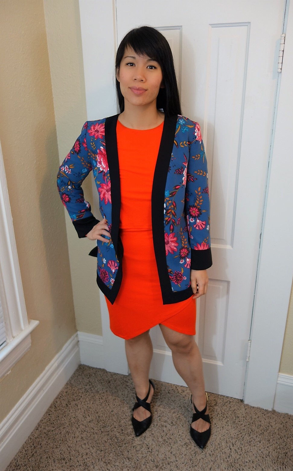 Floral Blazer Orange Dress Layered Look