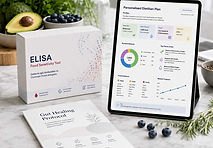 ELISA food sensitivity test kit with a personalised dietitian plan on a tablet and a Gut Healing Protocol report on a marble bench.