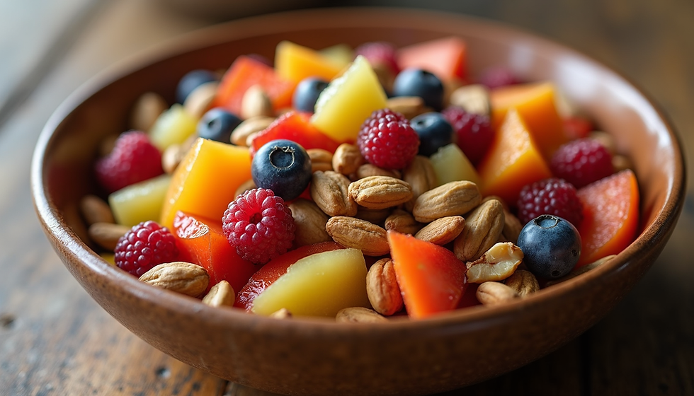 A vibrant bowl of gut-health foods including sliced bananas, fresh blueberries, raspberries, strawberries, walnuts, and almonds on a bed of probiotic yogurt with chia seeds to support digestion.