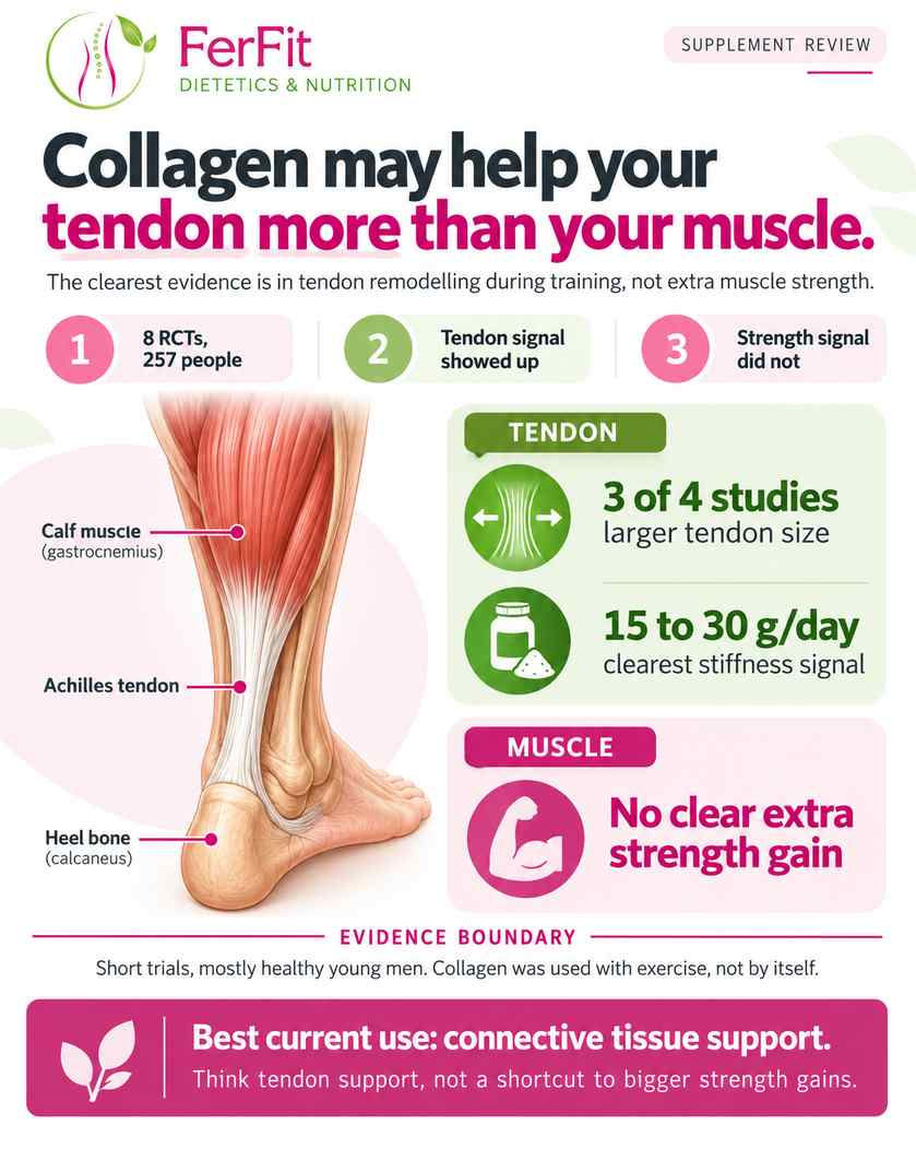 Infographic explaining evidence for collagen supplementation, showing potential benefits for Achilles tendon size and stiffness during exercise, with no clear extra muscle strength gain.