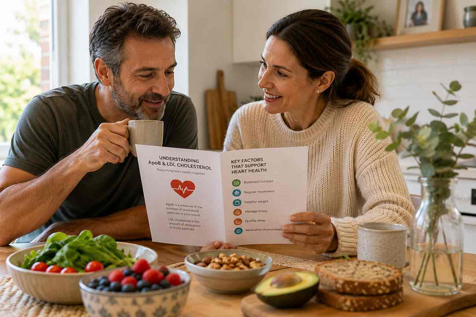 Middle-aged couple reading an ApoB and cholesterol guide at a table with fruit, avocado, nuts and wholegrain toast.