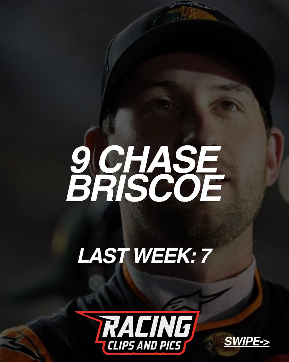Close-up of a person in a cap, with overlay text: "9 Chase Briscoe, Last Week: 7." Logo reads "Racing Clips and Pics." Dark background.