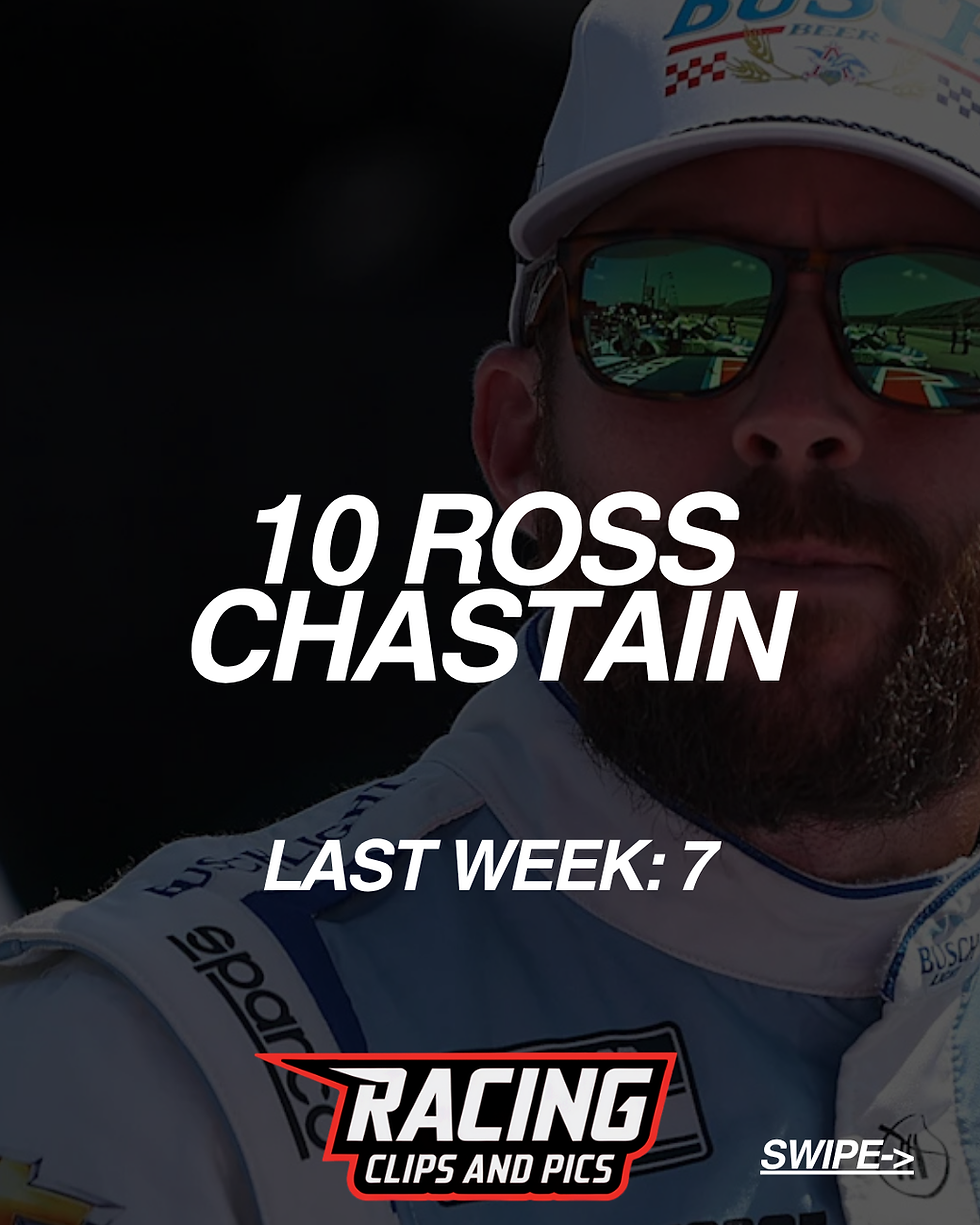 Close-up of a person wearing sunglasses and a white cap with a racing suit. Text: "10 Ross Chastain," "Last Week: 7," and "Racing Clips and Pics."