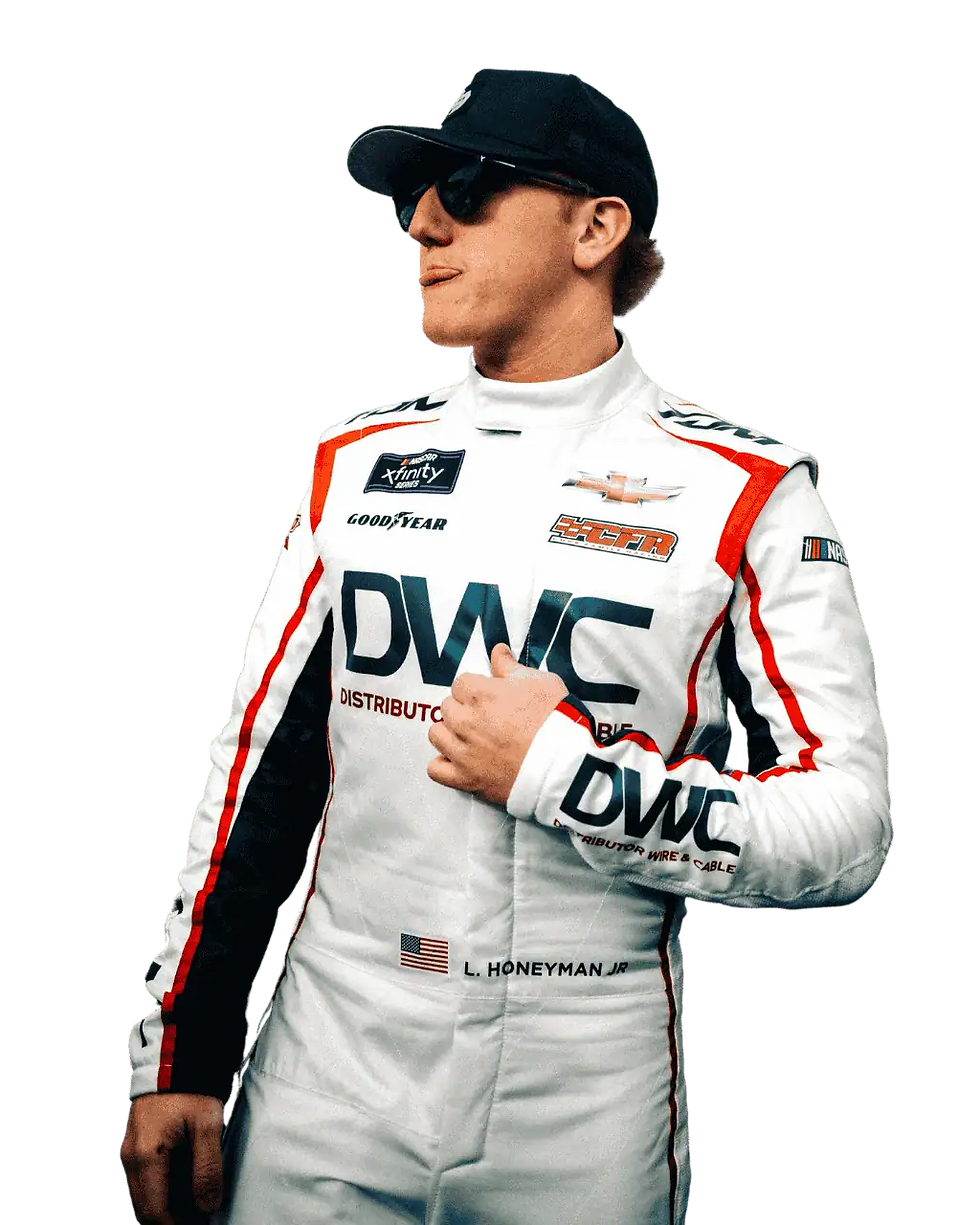 Race car driver in white suit with "DWC" logo, wearing sunglasses and cap. Black background. Confident demeanor. Racing patches visible.
