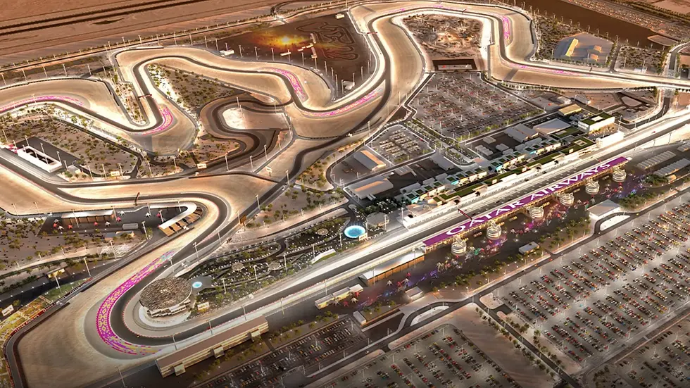 Aerial view of a winding racetrack with marked lanes, surrounded by parked cars and buildings. "Qatar Airways" banner visible. Desert backdrop.