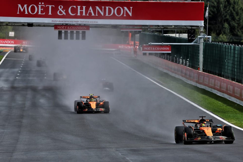 Formula 1 cars race on a wet track, spray trailing behind. Moët & Chandon banners above, green fencing lines the track. Energetic scene.