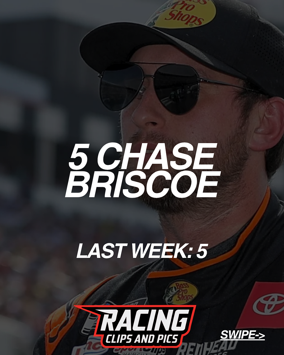 Man in a black cap and sunglasses in front of a racetrack, text reads "5 Chase Briscoe, Last Week: 5", "Racing Clips and Pics."