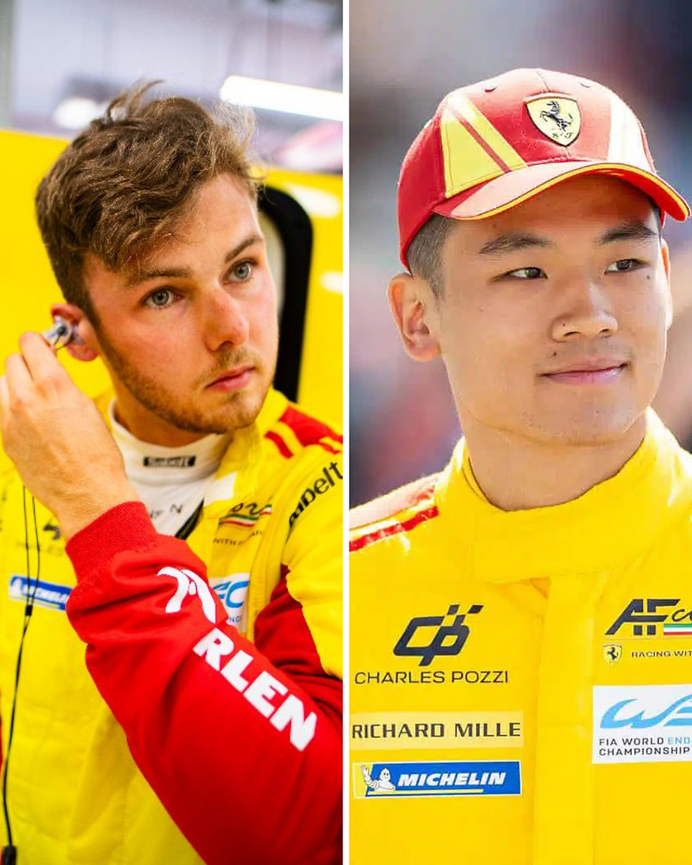 Two men in yellow racing attire. Left: Brown-haired man using earpiece, focused. Right: Smiling man in red/yellow cap. Sponsor logos visible.