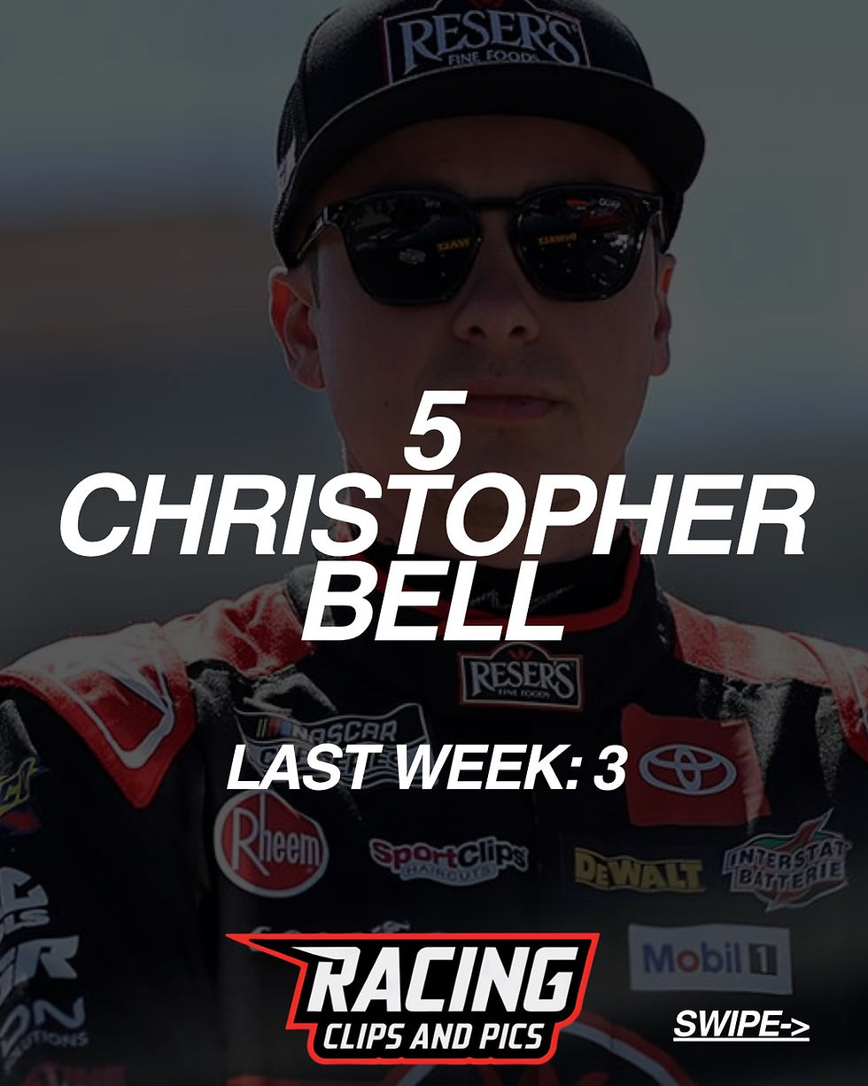 Race car driver in black and red suit with sponsor logos, wearing sunglasses and cap. Text reads: "5 Christopher Bell, Last Week: 3." Racing theme.