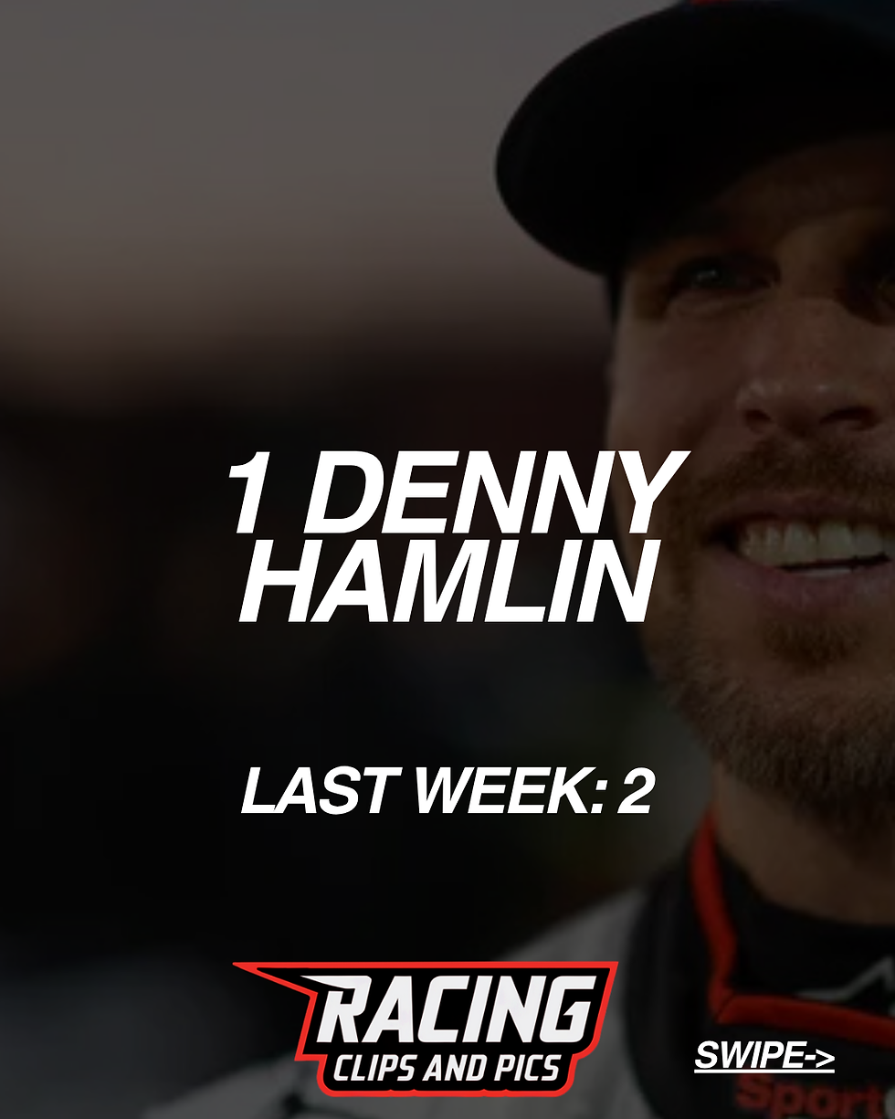 Close-up of a person smiling with text: "1 DENNY HAMLIN, LAST WEEK: 2". Racing Clips and Pics logo and "SWIPE" arrow visible.