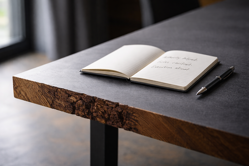Conference room table with an open notebook