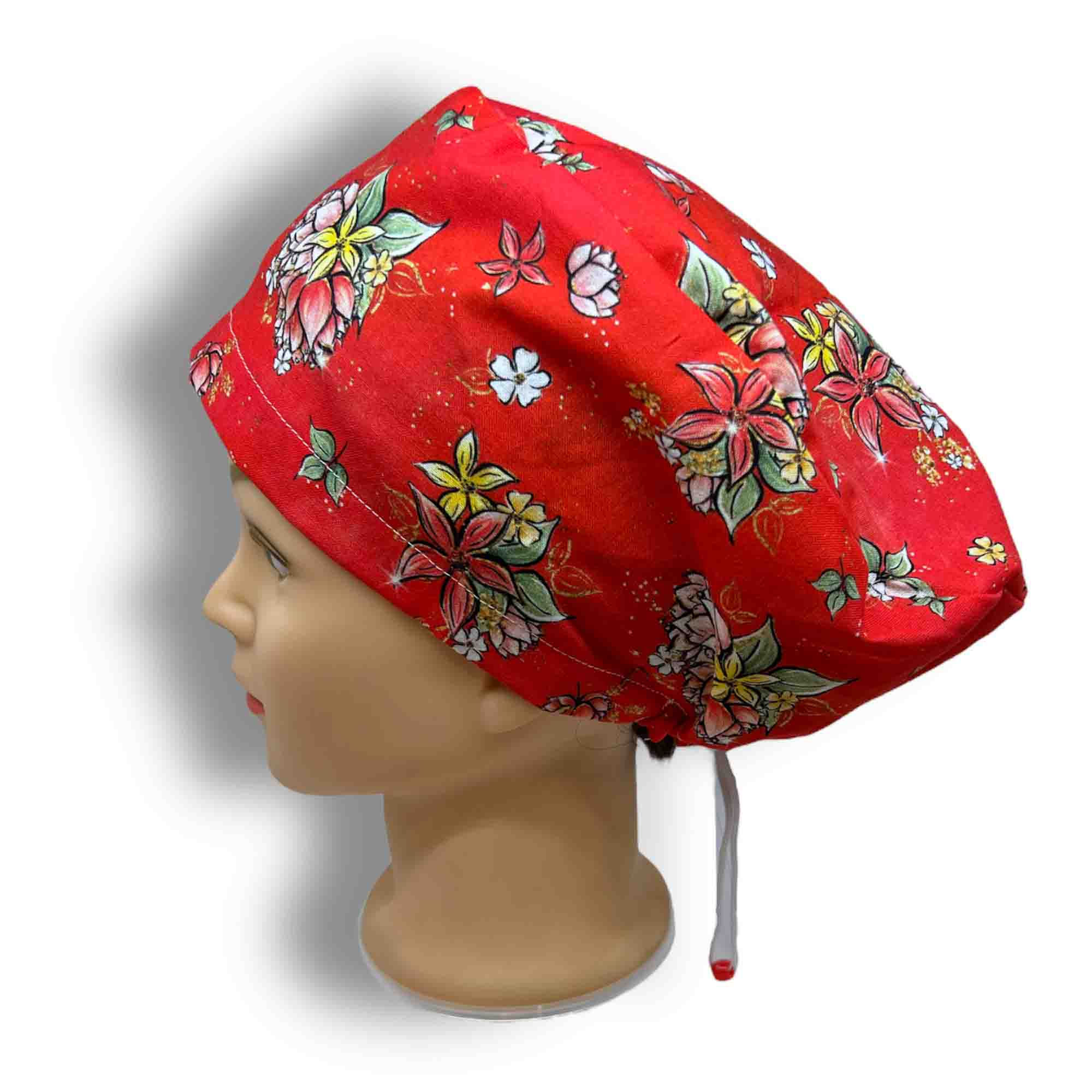 Christmas Red Floral Scrub Cap
