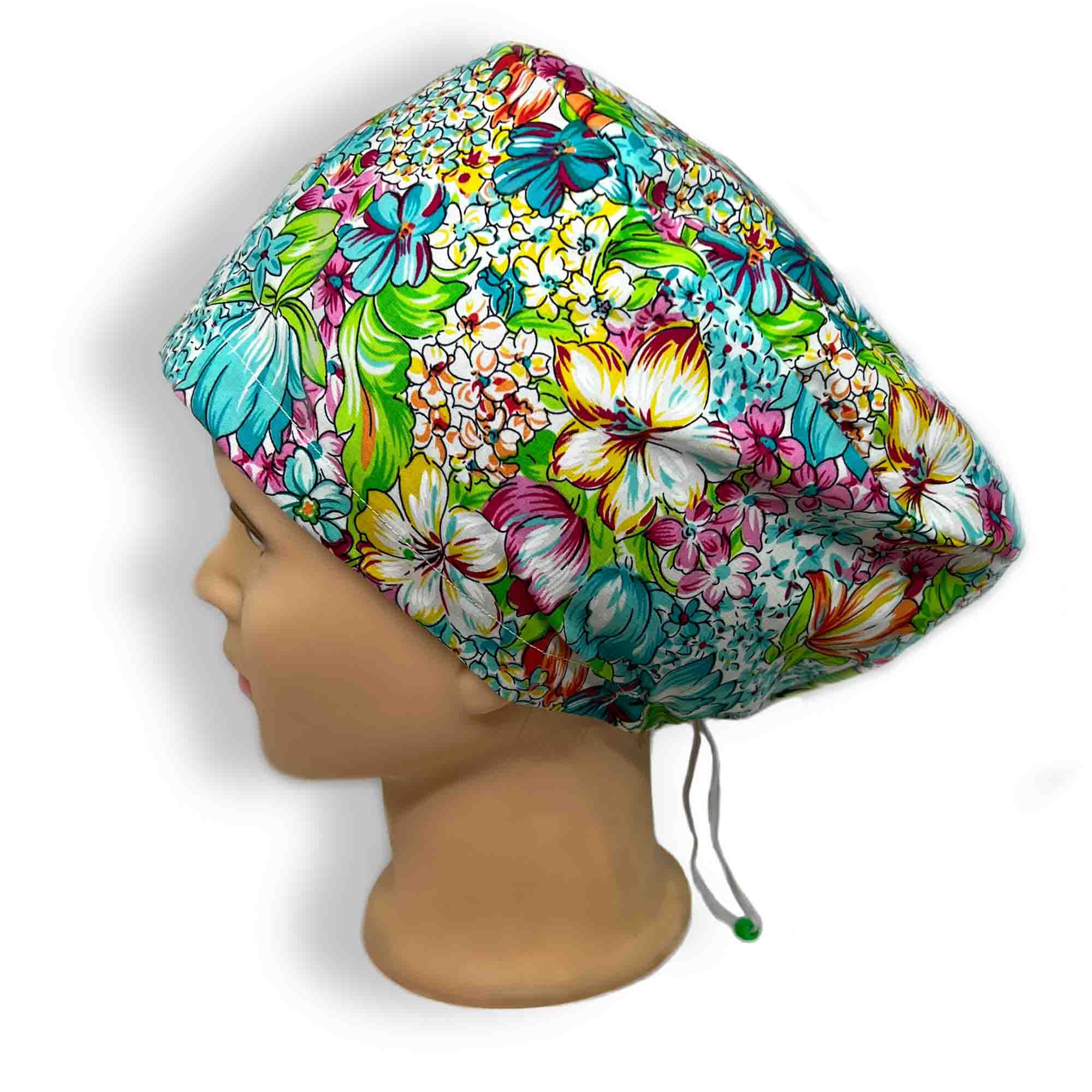 Bright Blue Floral Scrub Cap