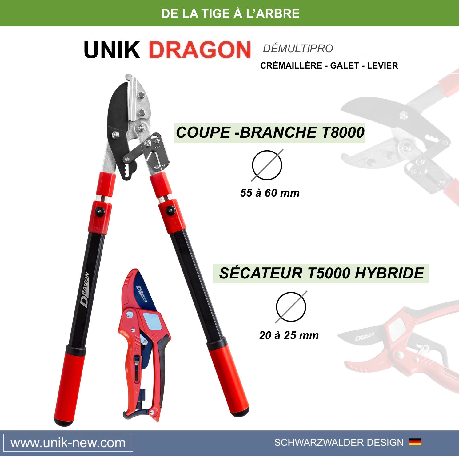 Coupe branche UNIK DRAGON PRO + sécateur à crémaillère T5000 UNIK
