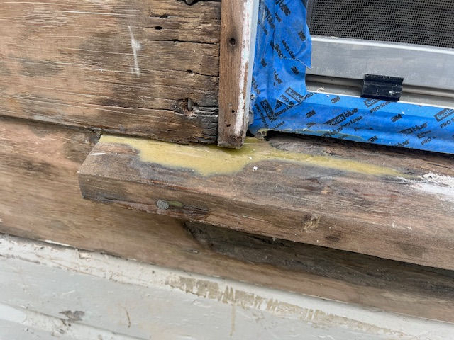 Evermend epoxy timber repair applied to rotten window sill Australia before sanding and painting
