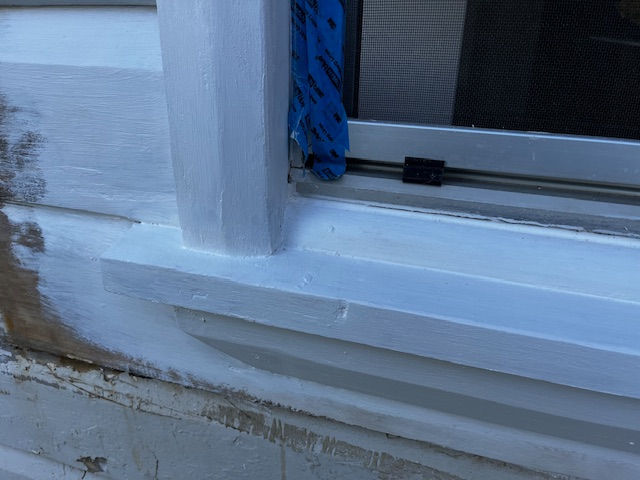 Rotten timber window sill fully repaired with Evermend epoxy and painted white Australia