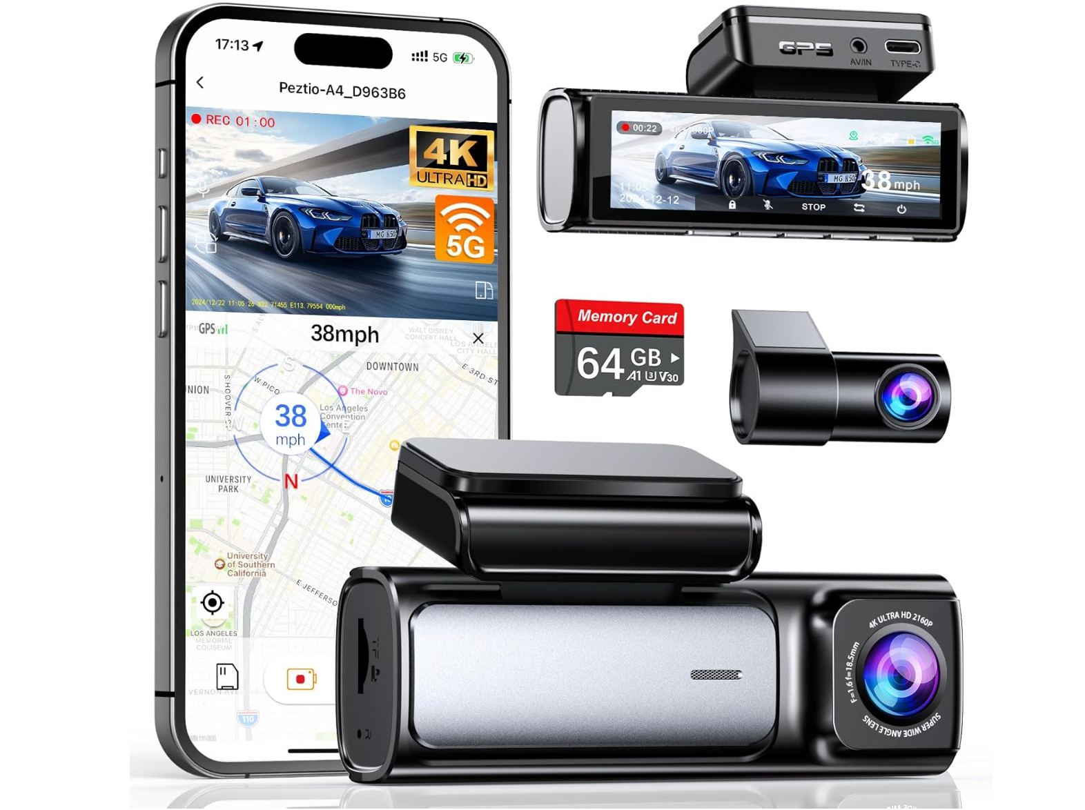 4K Dash Cam Front and Rear, Built-in 5G WiFi GPS, 64GB Card Included, 3.59'' IPS