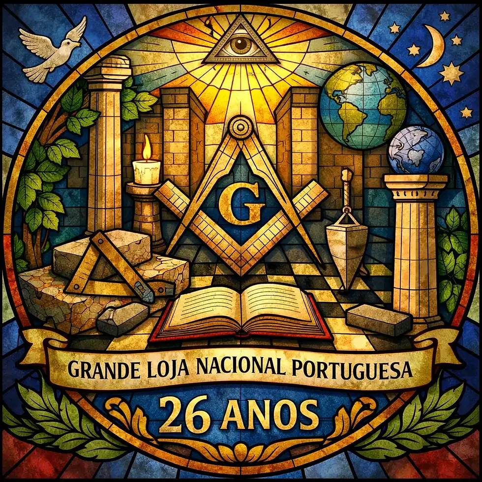 Composição simbólica com esquadro, compasso e letra G num templo maçónico estilizado, evocando os 26 anos da Grande Loja Nacional Portuguesa.