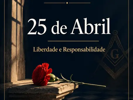 Cravo vermelho sobre pedra maçónica iluminada lateralmente, com tipografia institucional da Grande Loja Nacional Portuguesa evocando o 25 de Abril