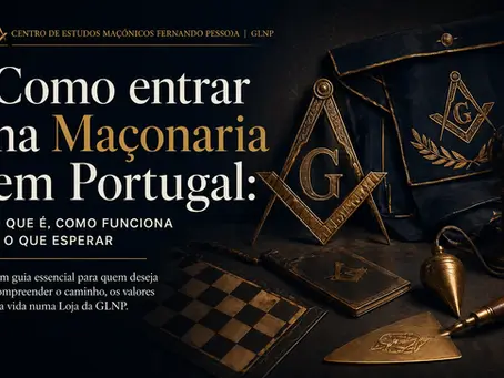 Símbolos maçónicos tradicionais dispostos em composição sóbria e iluminada, representando o percurso de entrada na Maçonaria