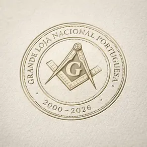 Selo circular da Grande Loja Nacional Portuguesa com esquadro, compasso e a letra “G” ao centro, acompanhado da data “2000–2026”.