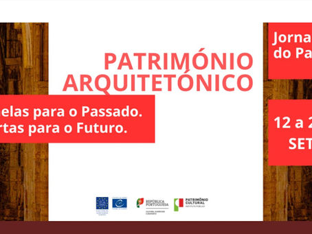 Banner “Jornadas Europeias do Património 2025” sobre arcaria em pedra, com datas “12 a 21 SET”.