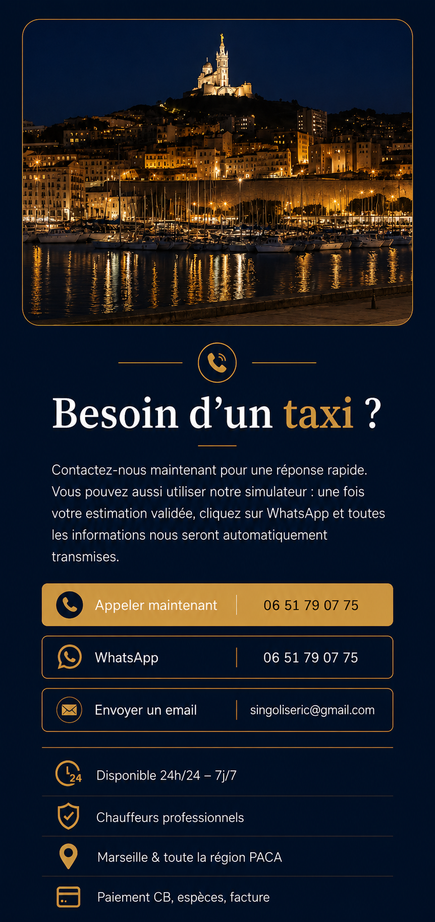 Taxi à Marseille, Basilique Notre-Dame de la Garde de nuit.