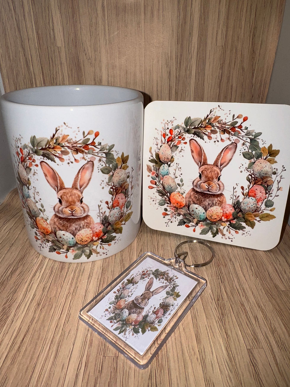 Easter bunny mug, coaster, and keyring gift set