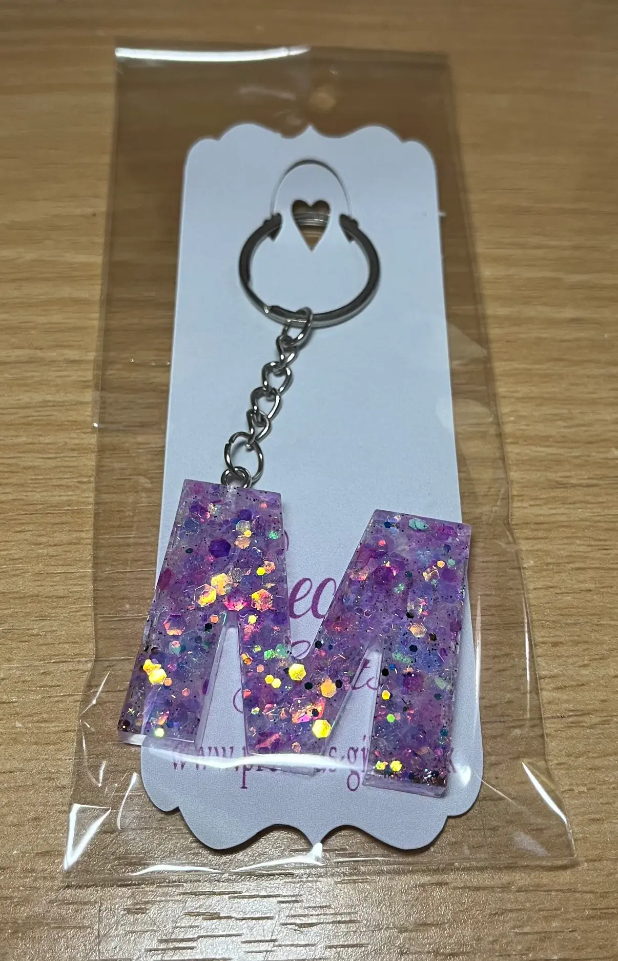 Purple glitter resin keyring letter M