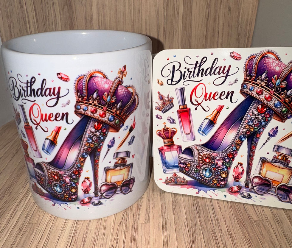 Birthday Queen mug and coaster set: jeweled high heel and crown design