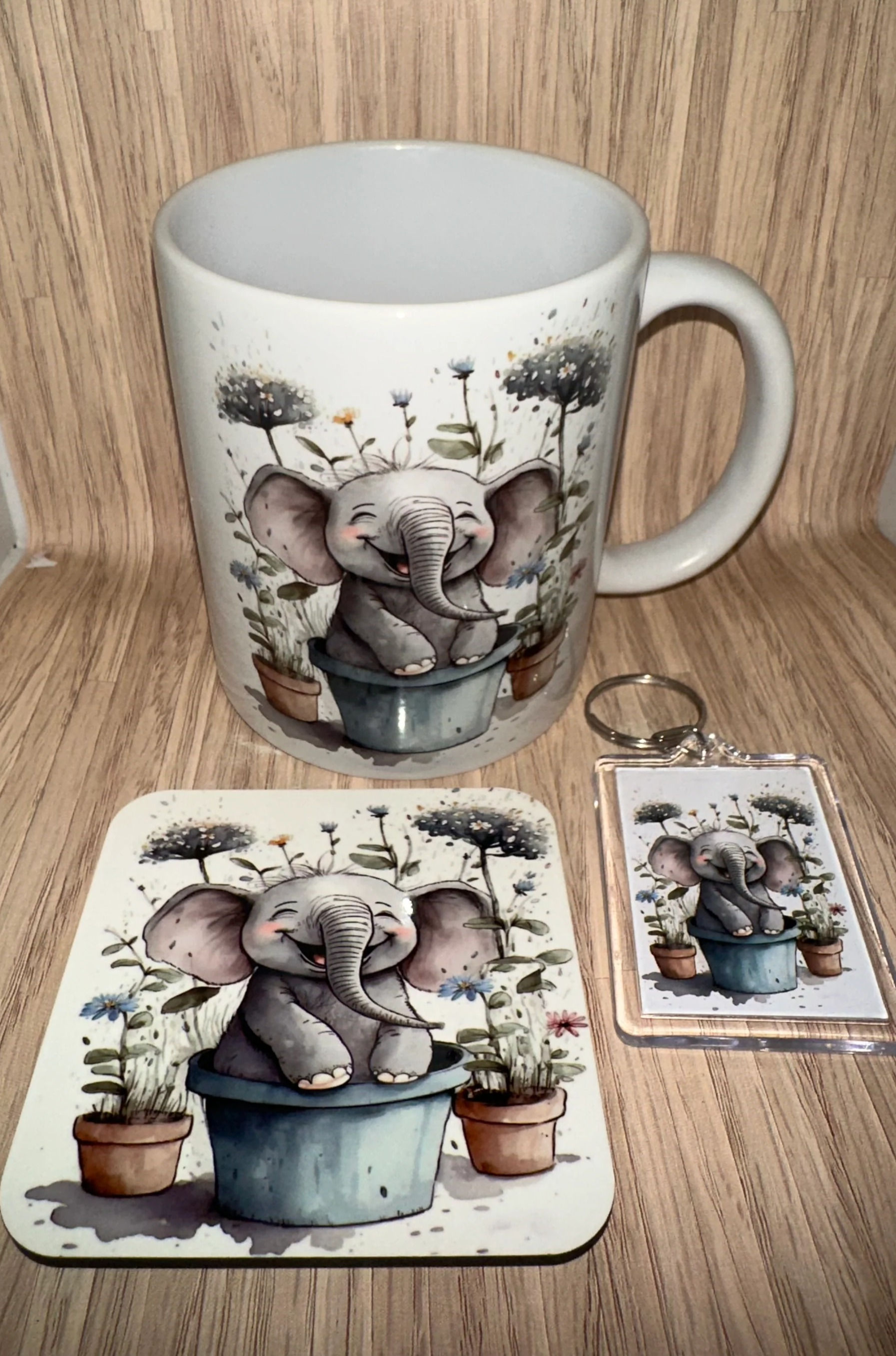 Smiley elephant mug, coaster and keyring