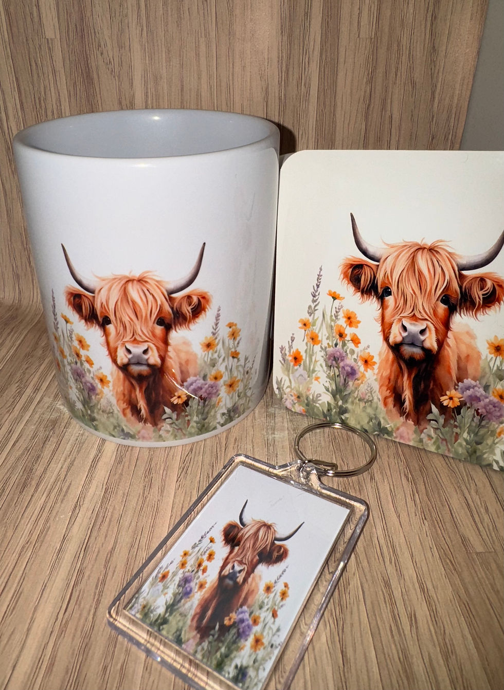 Highland cow mug, coaster, and keychain gift set