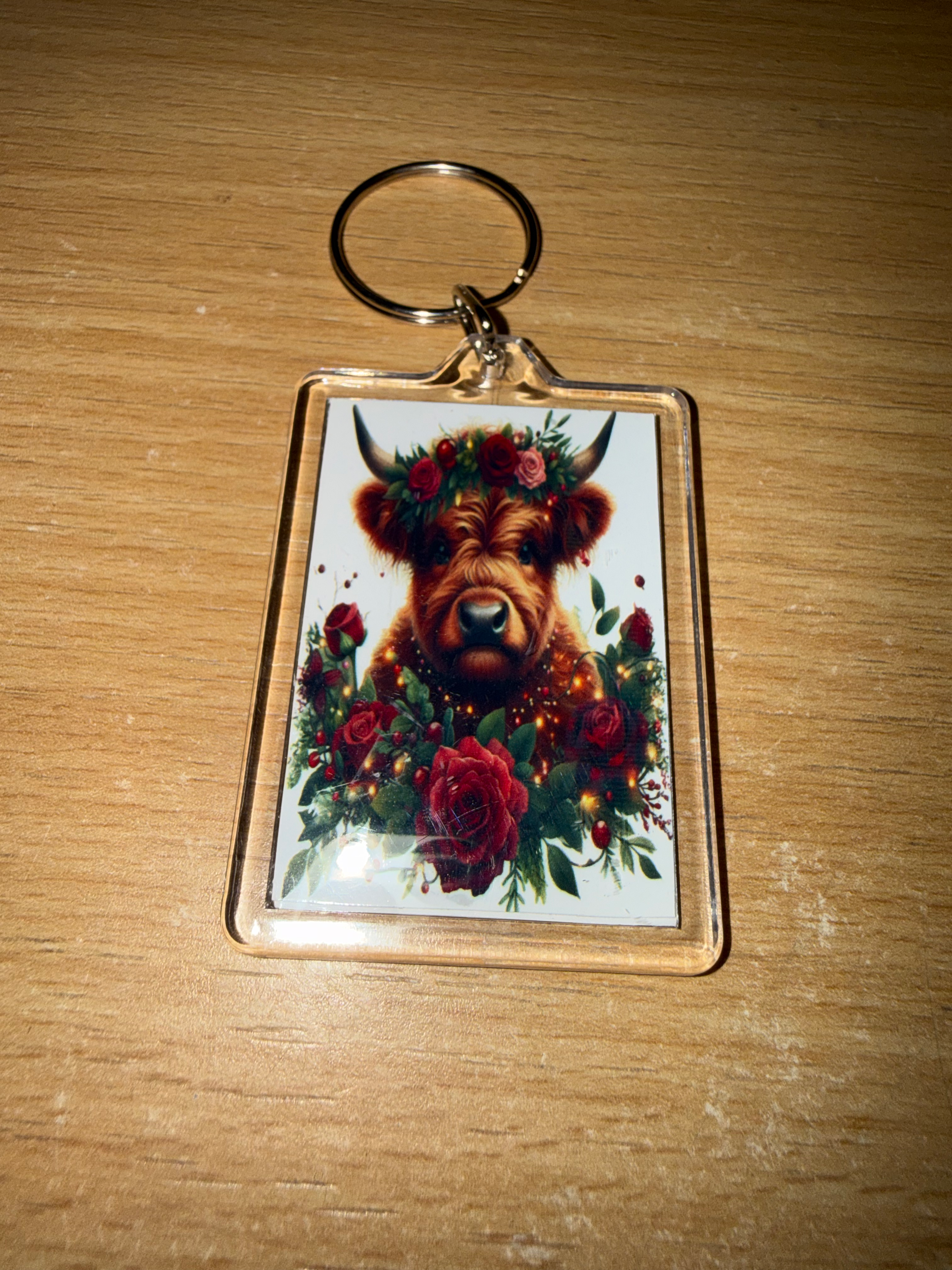 Winter Highland  cow double sided keyring