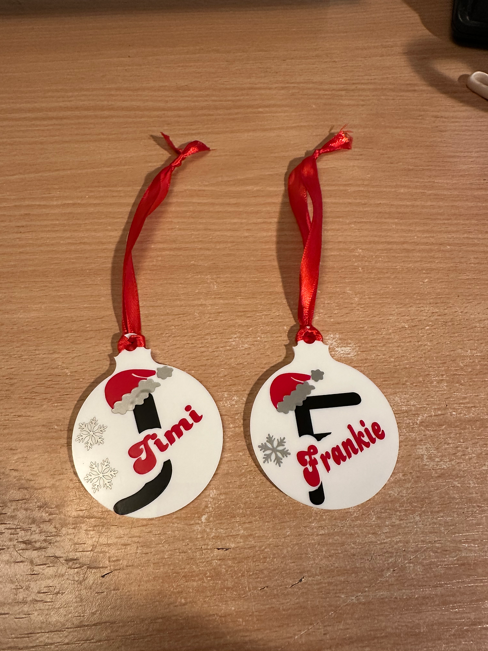 Two personalized Christmas ornaments: Jimi and Frankie