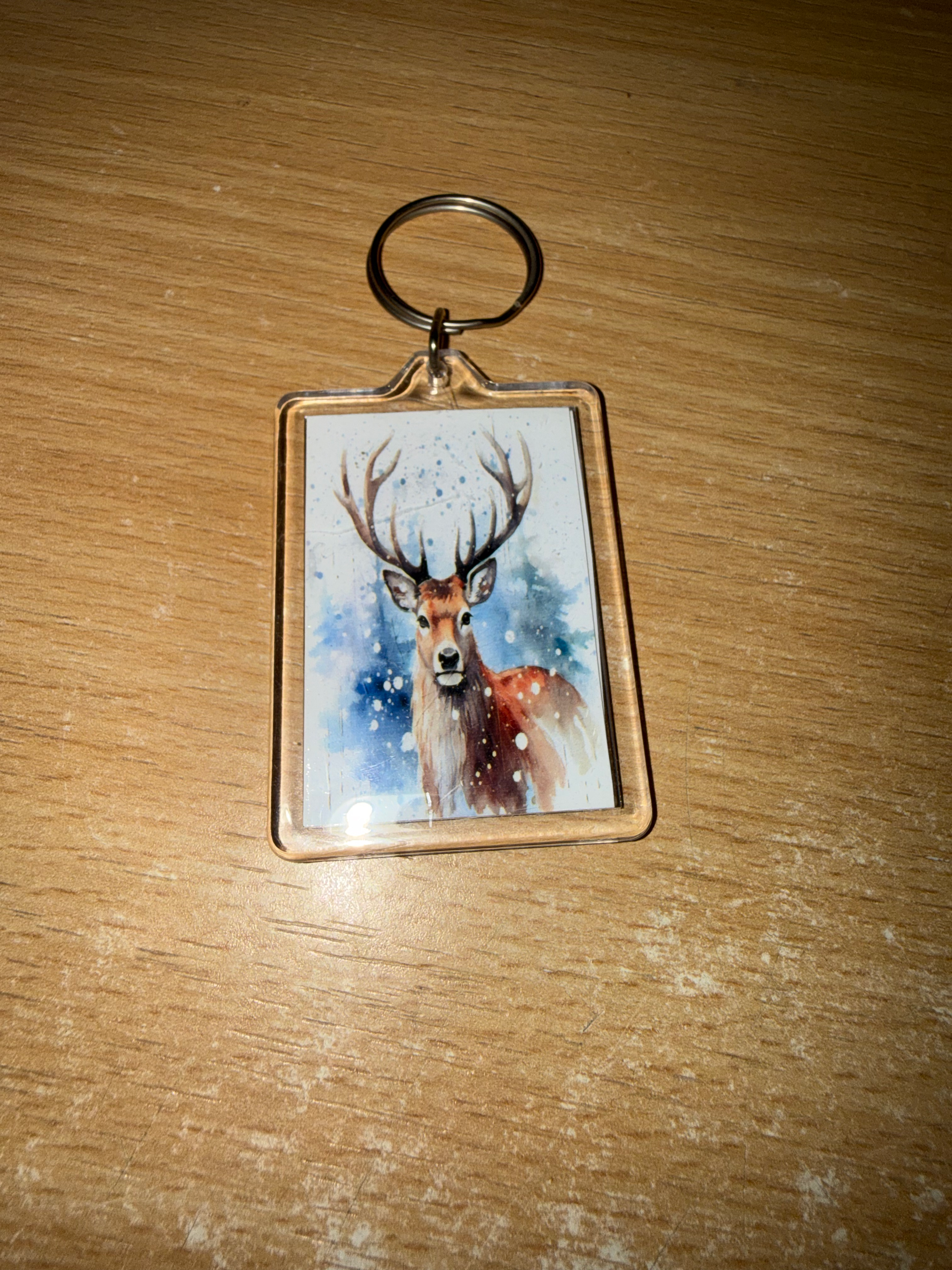 Winter water colour stag double sided keyring 