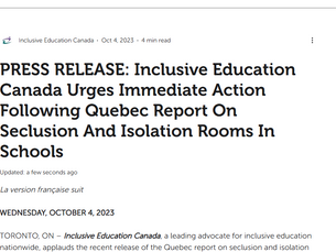 PRESS RELEASE: Inclusive Education Canada Urges Immediate Action Following Quebec Report On Seclusion And Isolation Rooms In Schools