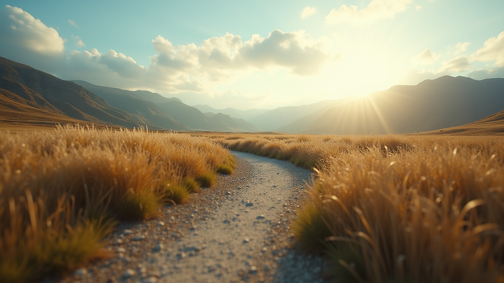 Eye-level view of a serene landscape with a winding path