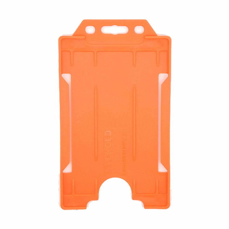 An image of an orange Evohold ID badge holder in portrait orientation