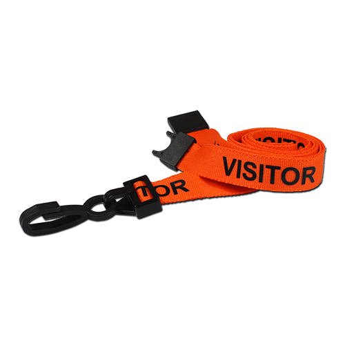 An image of a lanyard with a plastic clip that is printed with the wording Visitor