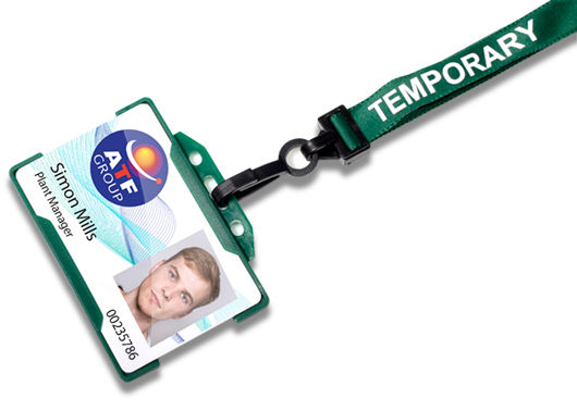 An image of a green lanyard with the wording Temporary printed repeatedly on both sides