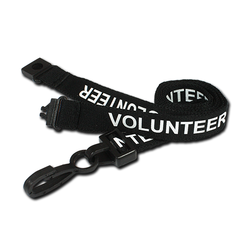 An image of a black lanyard with the word Volunteer printed repeatedly along both sides