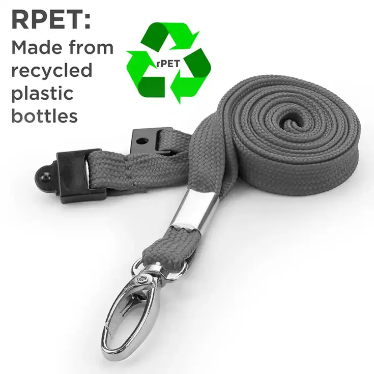 A 10mm lanyard made from recycled PET with a metal lobster clip