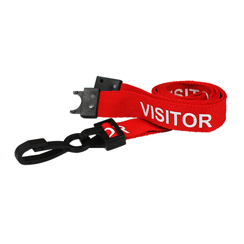An image of a lanyard with a plastic clip that is printed with the wording Visitor