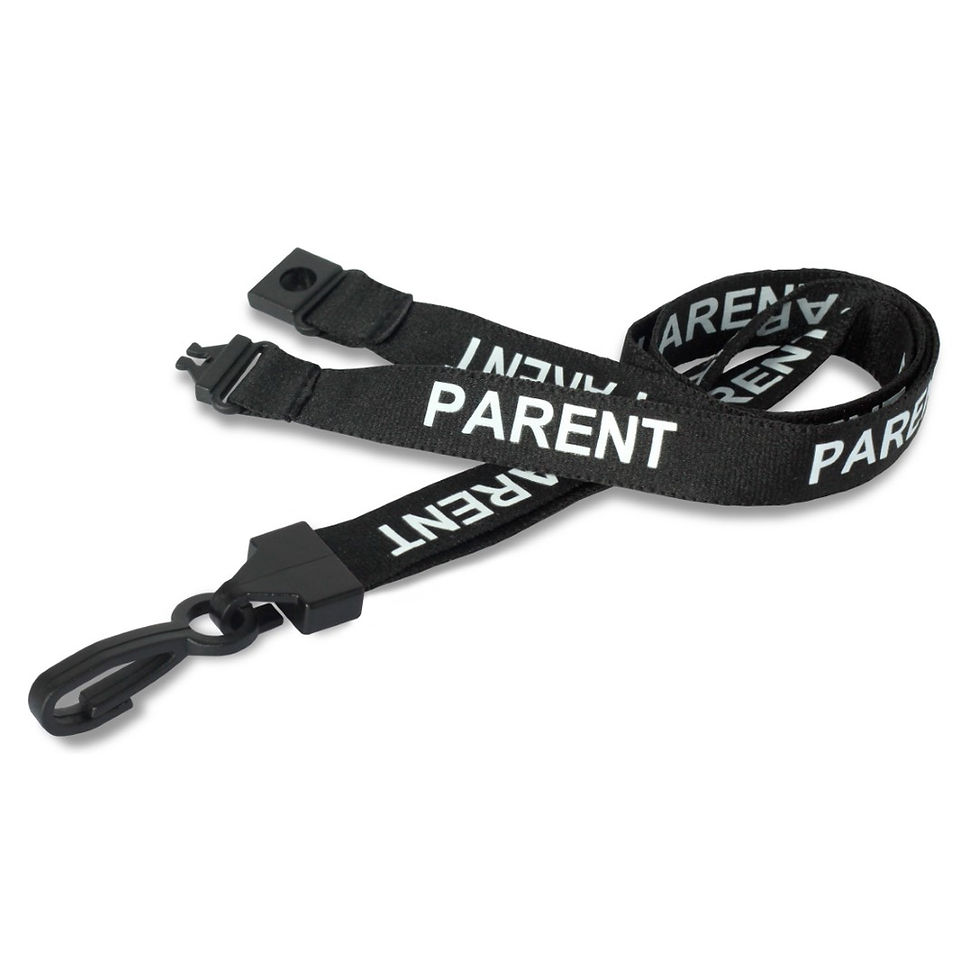 An image of a black lanyard with a plastic clip that is printed with the wording Parent