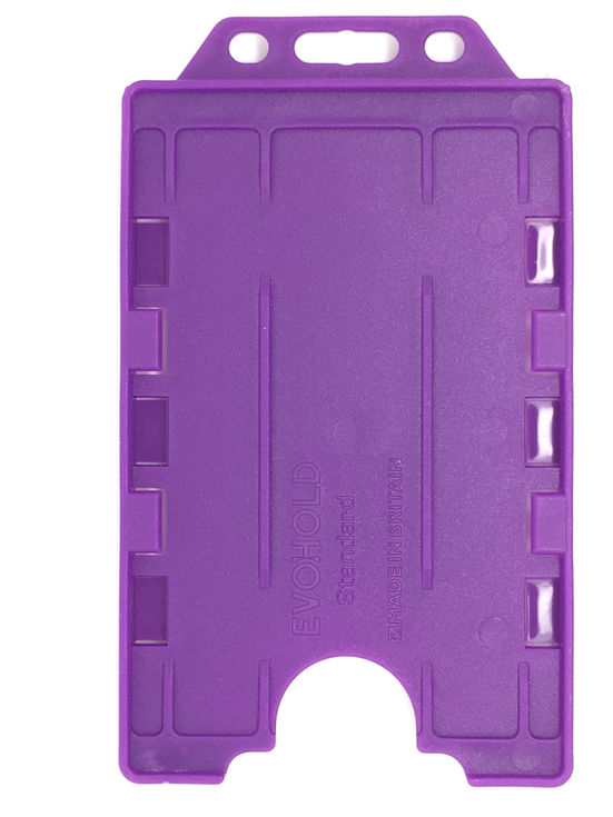 An image of a purple dual sided Evohold badge holder in portrait orientation