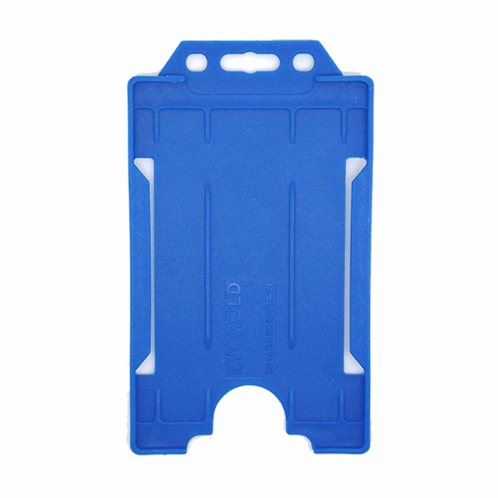 An image of a blue Evohold ID badge holder in portrait orientation